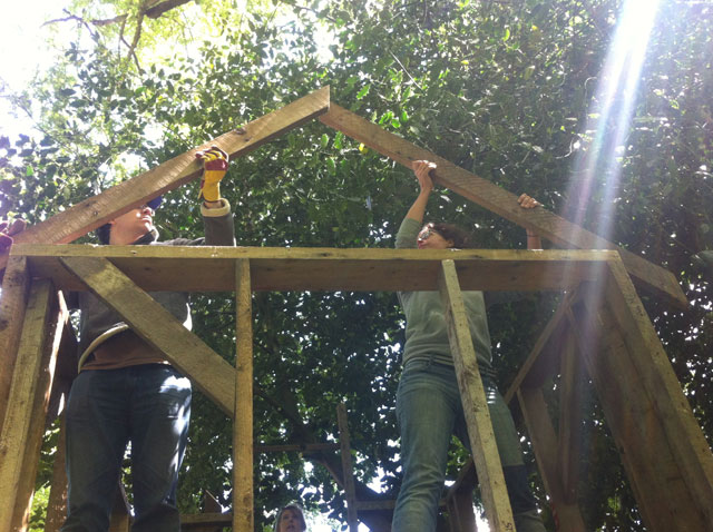Bob and Jen putting the rafters in place